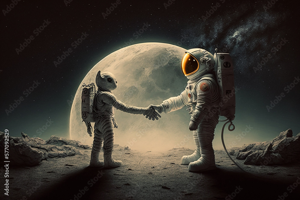 A Friendly Encounter Between Human and Alien with a welcoming hand shake. First Contact between humans and aliens. Ai generated A Friendly Encounter Between Human and Alien with a welcoming hand shake. First Contact between humans and aliens. Ai generated