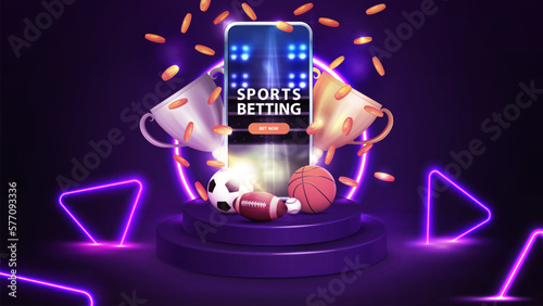 Purple podium with neon ring on background, smartphone, champion cups, falling gold coins and sport balls. Scene with purple neon triangles