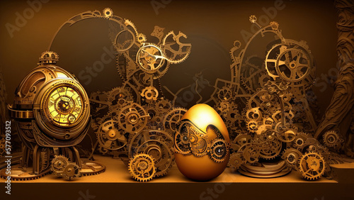Easter Eggs creative concept applied art, two old bizarre easter eggs collectibles with wooden cogs collage, setting up on table as steampunk style, chiaroscuro light. AI generative.