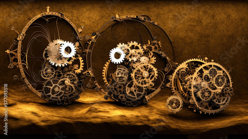 Easter Eggs creative concept applied art, the old bizarre metal easter eggs collectibles, setting up on soft floor as steampunk style, chiaroscuro light. AI generative.
