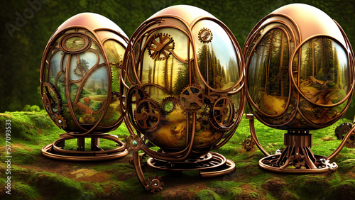 Creative concept applied art. Three surrealistic Easter eggs in alpine forest as steampunk style. AI generative AI.
