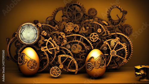 Easter Eggs creative concept applied art, the two old bizarre easter eggs collectibles with group of collage cogs, setting up on table as steampunk style, chiaroscuro light. AI generative.