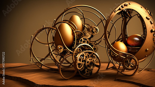 Easter Eggs creative concept applied art, the group old bizarre easter eggs in collectibles, setting up on table as steampunk style, chiaroscuro light. AI generative.