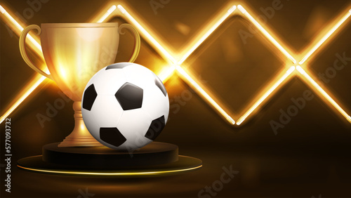 Podium with soccer ball and champion cup in dark scene with wall of line rhombus gold neon lamps on background