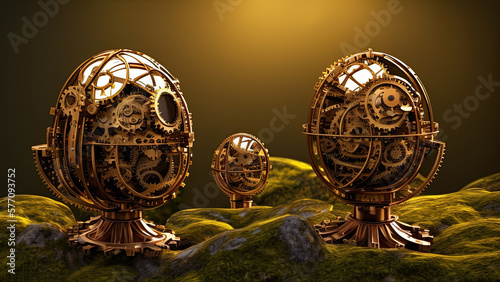 Easter Eggs creative concept applied art, the three old bizarre metal easter eggs collectibles, setting up on moss forest floor as steampunk style, chiaroscuro light. AI generative.