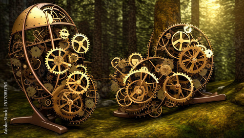 Easter Eggs creative concept applied art, the old bizarre metal easter eggs collectibles, setting up on moss forest floor as steampunk style, chiaroscuro light. AI generative.