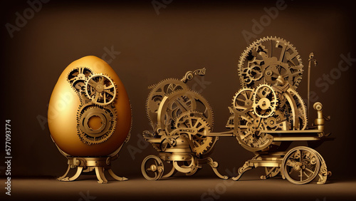 Easter Eggs creative concept applied art, the old bizarre metal easter eggs collectibles, setting up on table as steampunk style, chiaroscuro light. AI generative.