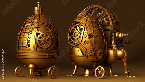Easter Eggs creative concept applied art, the two old bizarre easter eggs collectibles with copper, alloy cogs collage, setting up on table as steampunk style, chiaroscuro light. AI generative.