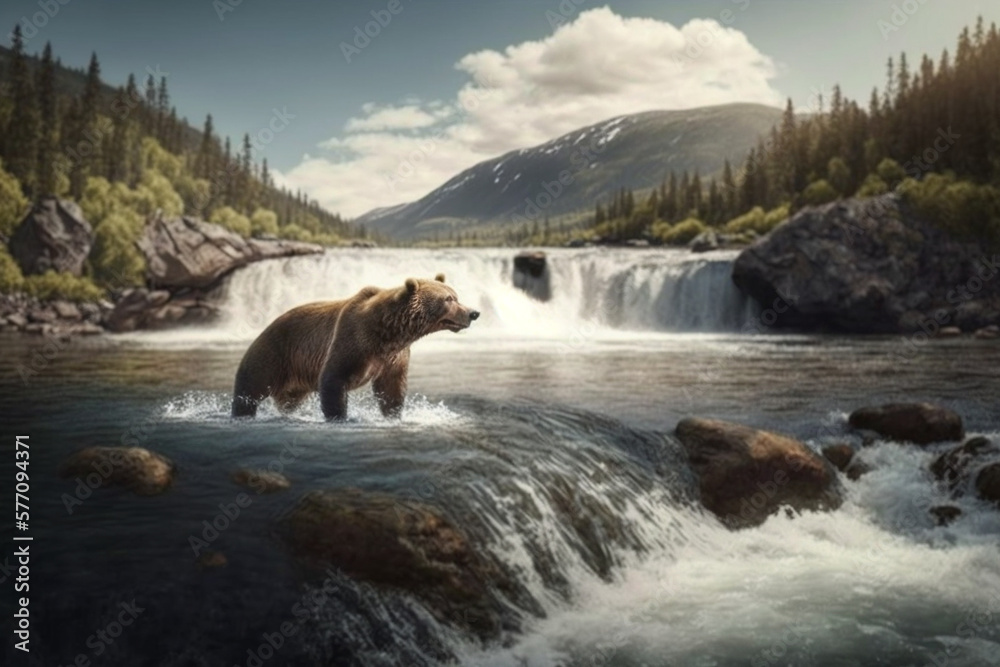 Brown Bear Chasing Wild Salmon in Nordic River Landscape. Ai generated Brown Bear Chasing Wild Salmon in Nordic River Landscape. Ai generated