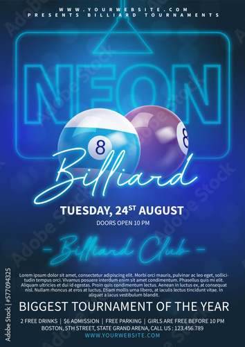 A poster for neon billiards is on display.