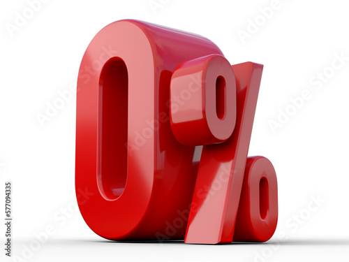 0% 3d illustration. Red zero percent special Offer on white background