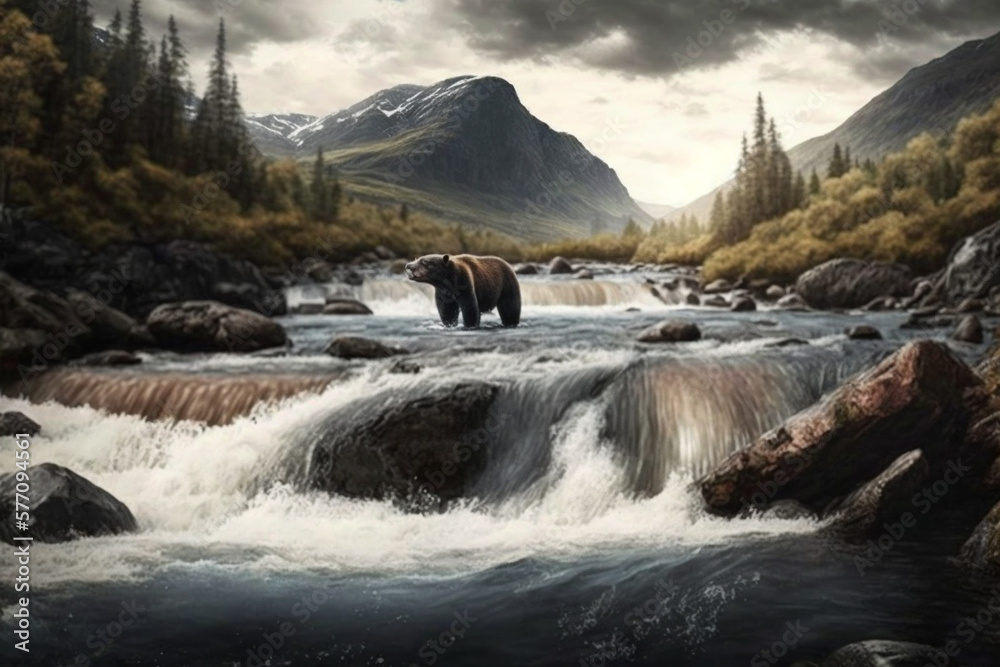 Fototapeta premium Brown Bear Chasing Wild Salmon in Nordic River Landscape. Ai generated