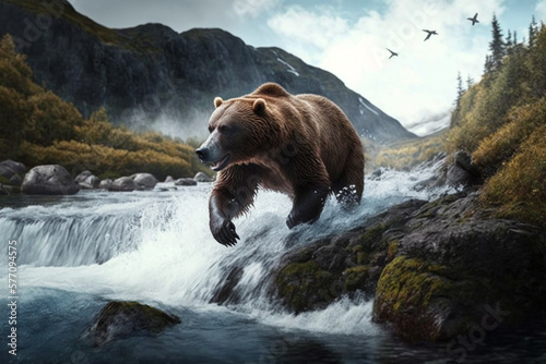 Brown Bear Chasing Wild Salmon in Nordic River Landscape. Ai generated © twindesigner