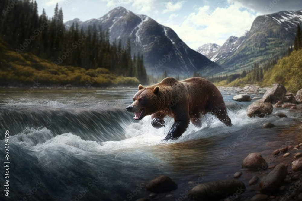 Brown Bear Chasing Wild Salmon in Nordic River Landscape. Ai generated Brown Bear Chasing Wild Salmon in Nordic River Landscape. Ai generated