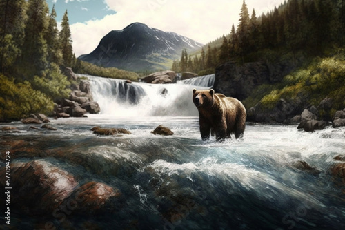 Brown Bear Chasing Wild Salmon in Nordic River Landscape. Ai generated