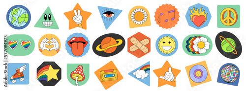 Retro groovy element set. Funny psychedelic hippie cartoon badge collection. Vintage hippy crazy various elements sticker pack. Abstract 60s, 70s trendy y2k pop culture style design. Isolated vector
