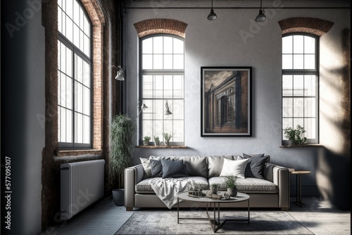 Interior of modern living room with gray walls  concrete floor  gray sofa and window with city view