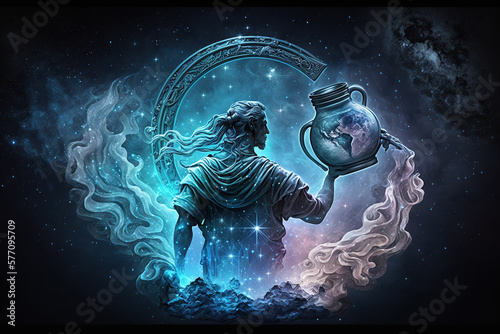 Aquarius zodiac sign against nebula background. Generative AI