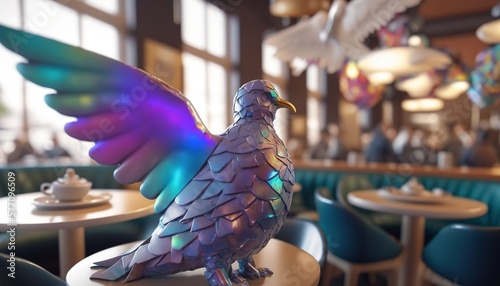  a colorful bird figurine sitting on a table in a restaurant with blue chairs and a chandelier hanging from the ceiling behind it.  generative ai © Jevjenijs
