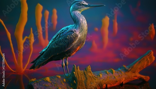  a bird is standing on a log in the water with corals in the background and a blue sky in the foreground  with a red and orange hued background.  generative ai