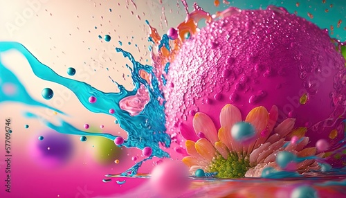  a pink and blue object with water splashing on it's surface and a pink flower on the bottom of the image with a splash of water. generative ai