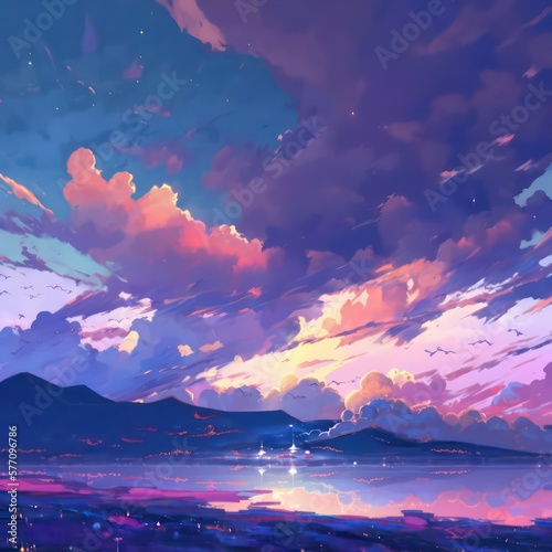 Anime beautiful landscape wallpaper. Generative AI.