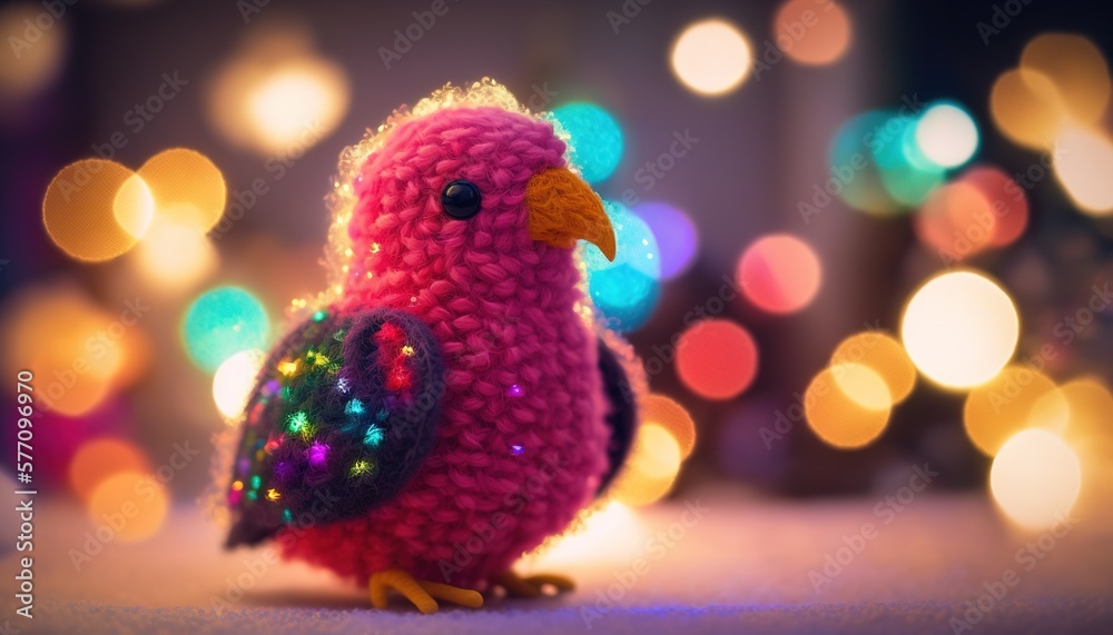  a small knitted bird sitting on top of a table next to a christmas tree with colorful lights in the backgrouds of the background.  generative ai