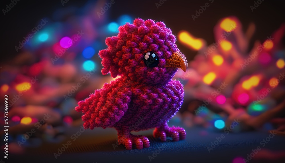 a purple bird with a red beak is standing in front of a christmas tree with lights in the background and a black background with a red and purple bird on the left side. generative ai a purple bird with a red beak is standing in front of a christmas tree with lights in the background and a black background with a red and purple bird on the left side. generative ai