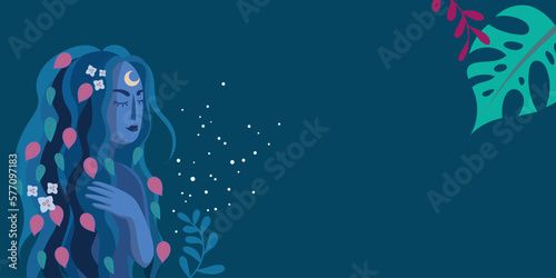 Illustration of a woman with leaves and flowers in the hairs - modern design - feminity and nature photo
