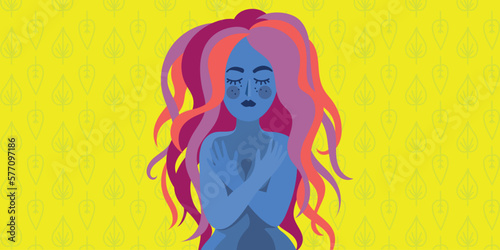Illustration of a curvy woman with her eyes closed - modern design - feminity and nature