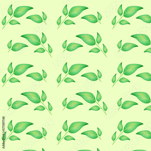 Patern of realistic green leaves isolated on a yellow background with drops of dew. Vector floral Illustration