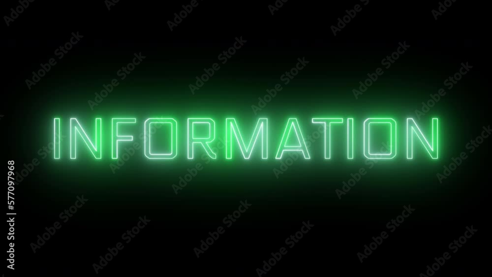 Bright neon glowing green information sign animation on black background. Bright neon glowing green information sign animation on black background.
