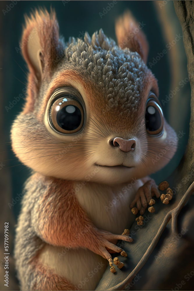 The squirrel on the tree observes its surroundings with cute big round eyes. A real cute little squirrel from a fairy tale. AI generated illustration.