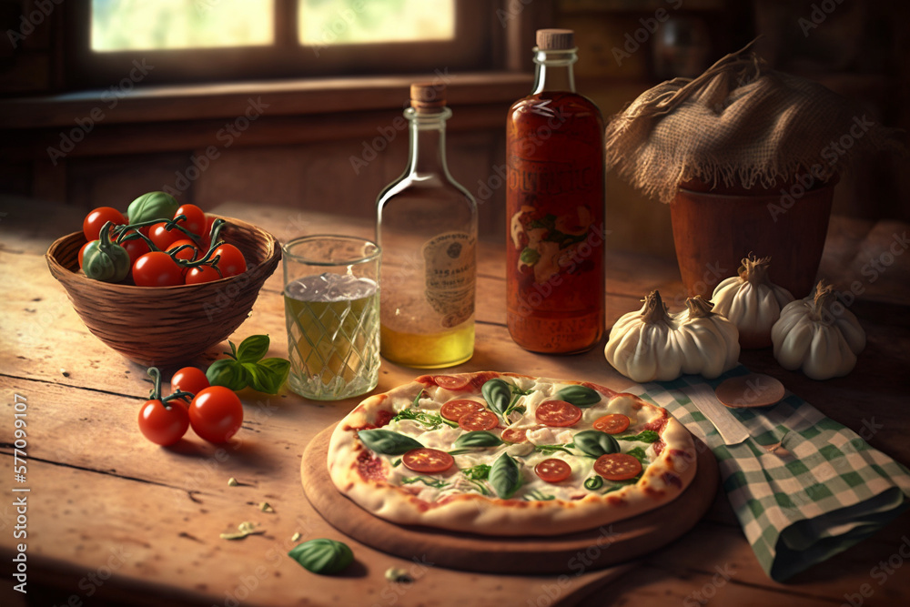 A Taste of Italy, Traditional Italian Meal on a Wooden Table. Ai generated