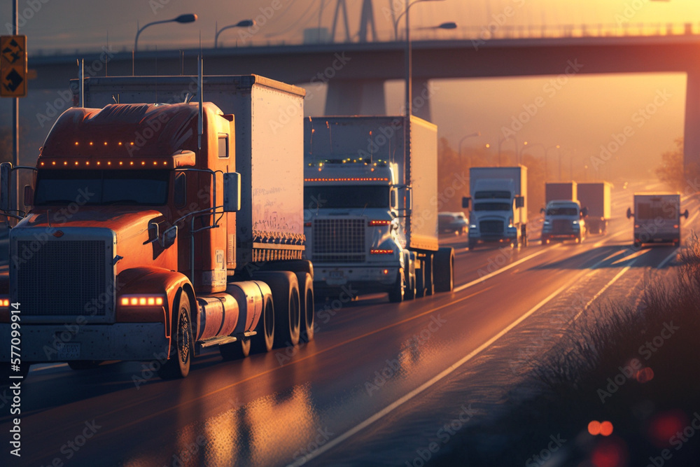 Cargo Trucks on the Highway at Sunset carrying merchendise. Beautiful Truck on the Road at sunrise. Ai generated