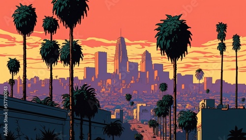 Fantasy city of Los Angeles skyline view. Generative ai illustration in cartoon style. © logoboom