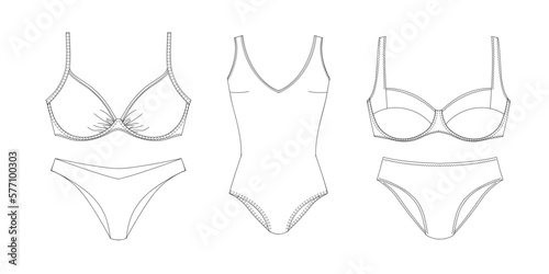  "Woman swimwear, technical drawing, template, sketch, flat, mock up. Recycled PA, Recycled PES, Lycra fabric swimwear front view, white color" 