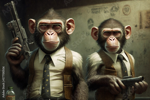 Monkeys dressed in business suits holding guns and rifles, with money strewn around them, highlighting the greed and corruption in human society. Ai generated photo