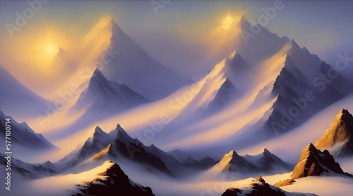 beautiful mountain sunrise sunset landscape view new quality universal joyful stock image illustration wallpaper design, Generative AI