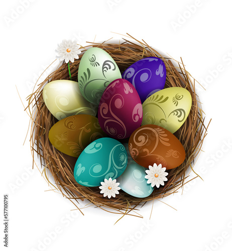 Easter eggs in a round nest, isolated design element.