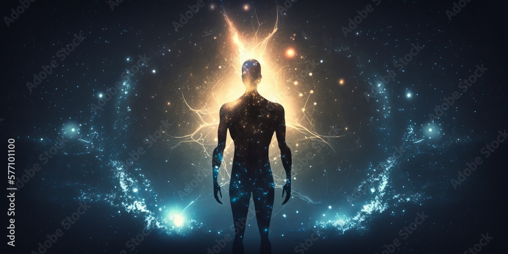 Fototapeta premium Silhouetteof a person in the universe with his heart center lighting