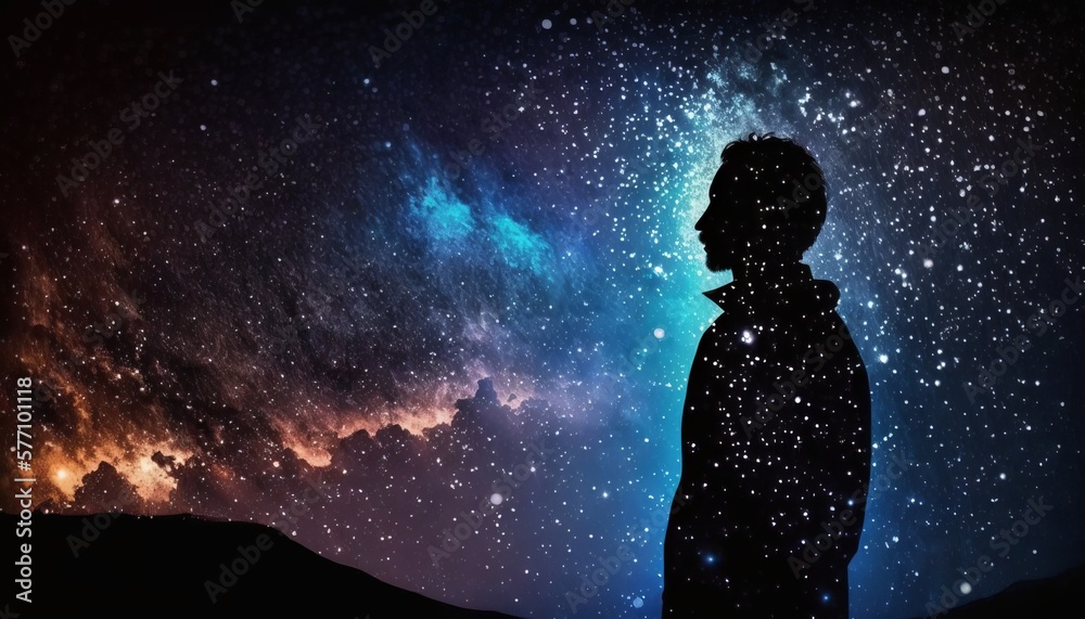 A surreal and ethereal depiction of a man's silhouette seen from the side view, floating amidst the clouds of the universe A surreal and ethereal depiction of a man's silhouette seen from the side view, floating amidst the clouds of the universe