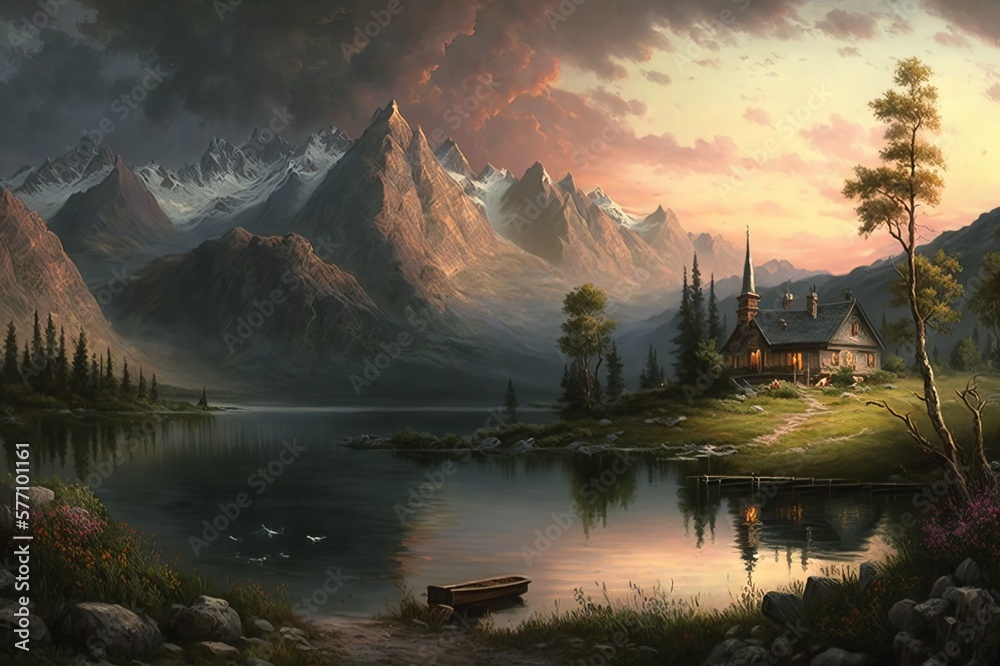 Renaissance era painting with a tranquil natural landscape with majestic mountains, flowing water, verdant trees, and an old church in the distance