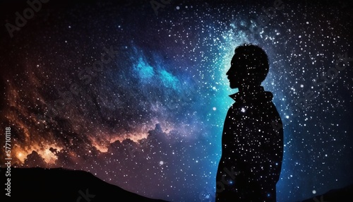 A surreal and ethereal depiction of a man's silhouette seen from the side view, floating amidst the clouds of the universe