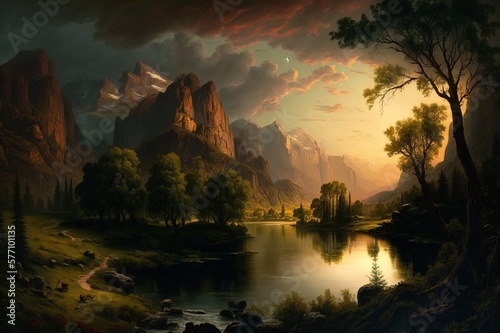 Renaissance era painting with a tranquil natural landscape with majestic mountains, flowing water, verdant trees, and an old church in the distance