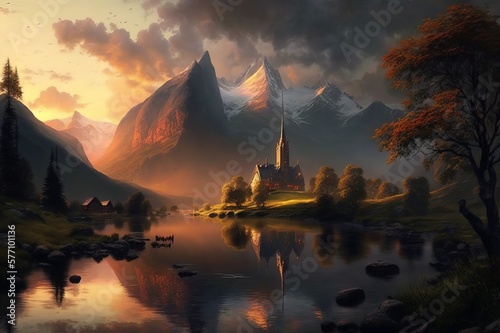 Renaissance era painting with a tranquil natural landscape with majestic mountains  flowing water  verdant trees  and an old church in the distance