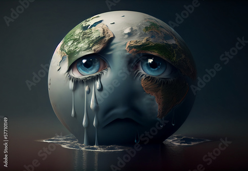 Planet Earth in tears crying in despair on a black background, environmental crisis concept, generative AI