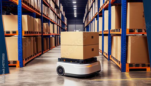 Future Technology Concept: Automated Retail Warehouse AGV Robots with Delivering Cardboard Boxes in Distribution Logistics Center. Automated Guided Vehicles Goods, Products, Packages.Generative AI photo