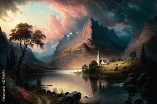 Renaissance era painting with a tranquil natural landscape with majestic mountains, flowing water, verdant trees, and an old church in the distance
