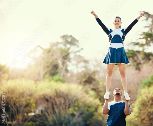 Cheerleading student, lift pose and mockup outdoor for cheer camp with exercise and fitness. Students, air posing and strong male athlete doing training and workout with cardio and mock up in nature